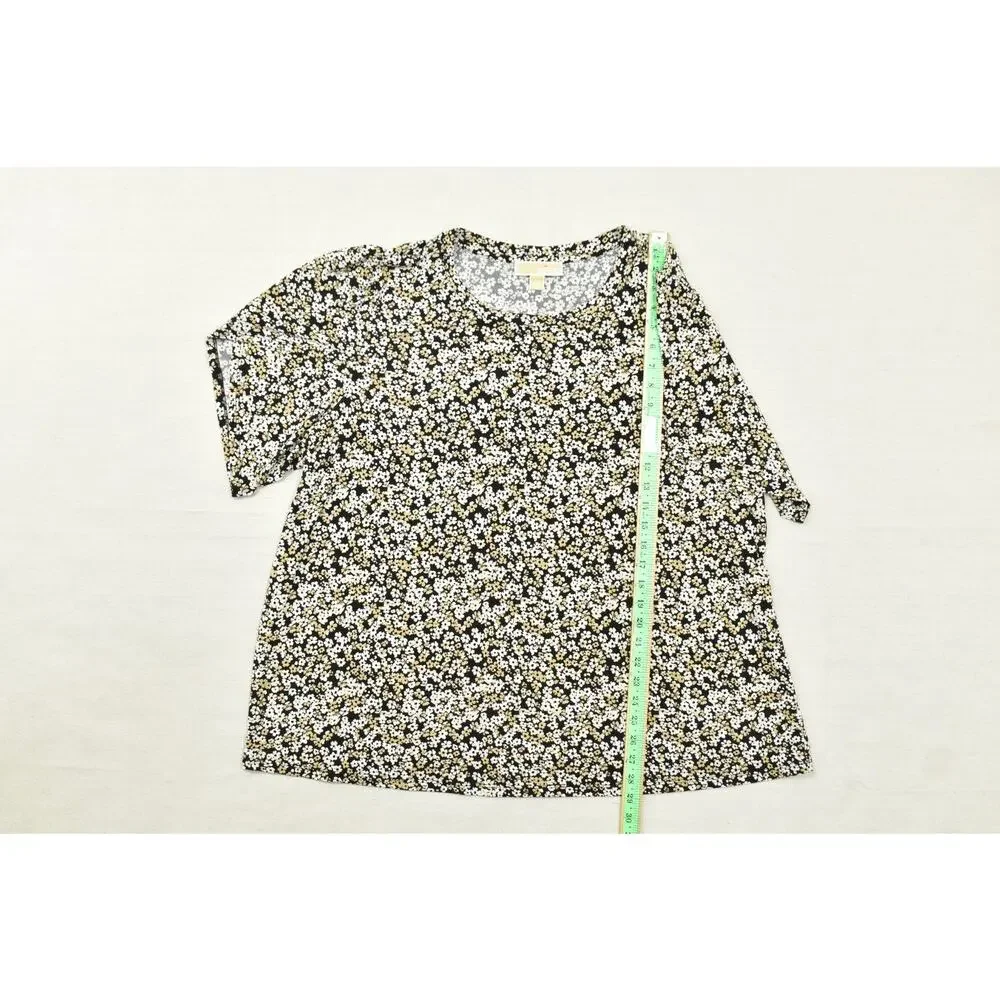 Michael Kors Women's Size 2X Black Gold White Floral Daisy Print Short Sleeve